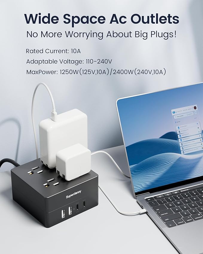 Power Strip USB Surge Protector - SUPERDANNY 9.8ft Mountable Charging Station with 4 Widely Spaced Outlets & 4 Smart USB Ports, Desktop Extension Cord for Home, Office, Hotel, Dorm, Room, RV, Black