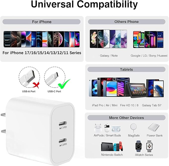 iPhone 17 Fast Charger Block,2in1 Dual Port USB C Power Delivery Charger Fast Chargers Wall Type C Chargers Plug Adapter Compatible iPhone 17/17 Pro/17 Pro Max/16 Plus/16/15/14/13/12 Pro Max/11