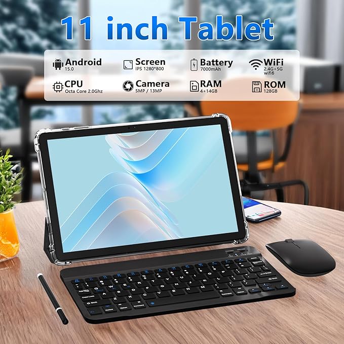 11 inch 2 in 1 Tablet, 18GB + 128GB, Android 15 Tablet, 1TB Expandable, 13MP Camera, Octa-Core Processor 5G WiFi 8000MAH Battery 11'' IPS HD Touchscreen Google Tableta.