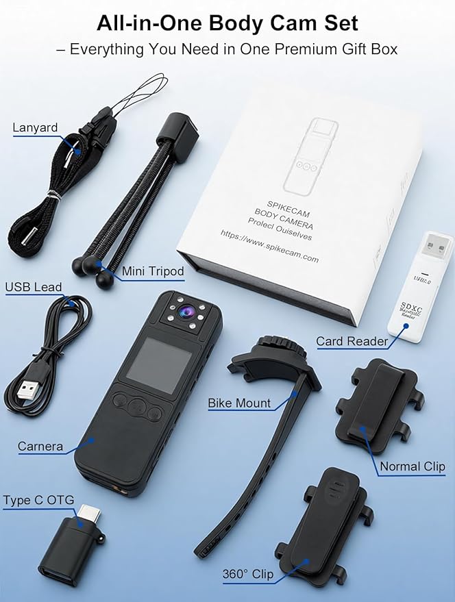 SPIKECAM Computer-Free Body Cameras with Audio and Video Recording, 6 Hrs 1080P Personal Small Bodycam with Photo, Night Vision, SOS Sound, Wearable Body Cam for Security, Running, Biking