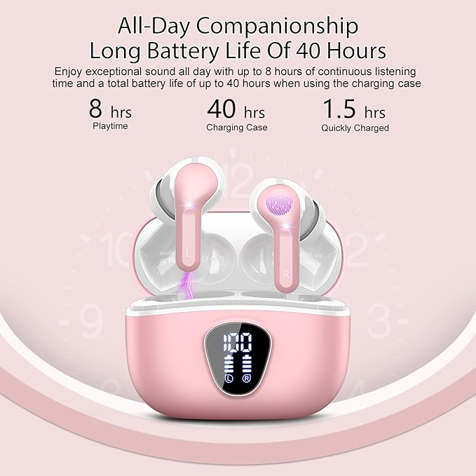Wireless Earbuds, Bluetooth 5.4 Headphones HiFi Stereo, Bluetooth Earbuds with ENC Noise Cancelling Mic, IP7 Waterproof in Ear Earphones, 48H, LED Display Ear Buds for Pad Phones Workout Sports, Pink