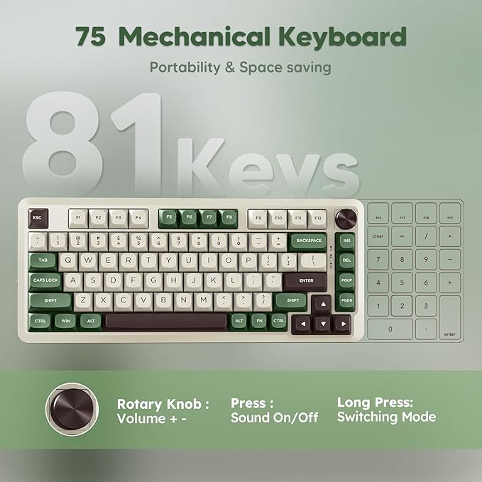 Redragon K681 Pro Wireless Mechanical Keyboard, Gasket Mounted RGB Gaming Keyboard with Volume Knob, MDA-Profile, Pre-Lubed Linear Switches, 81 Keys 75％ Tri-Mode Hot Swappable for PC/Xbox/PS (Matcha)