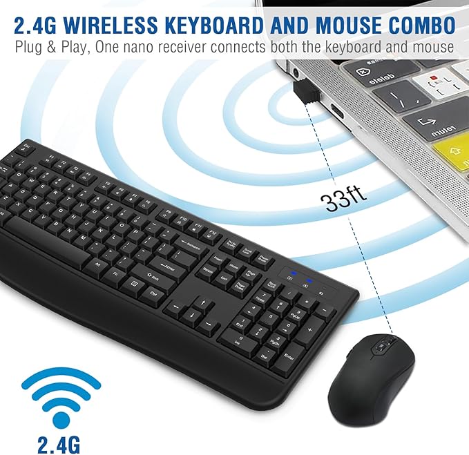 Wireless Keyboard and Mouse Combo, EDJO 2.4G Full-Sized Ergonomic Computer Keyboard with Wrist Rest and 3 Level DPI Adjustable Wireless Mouse for Windows, Mac OS Desktop/Laptop/PC(2 Pack)