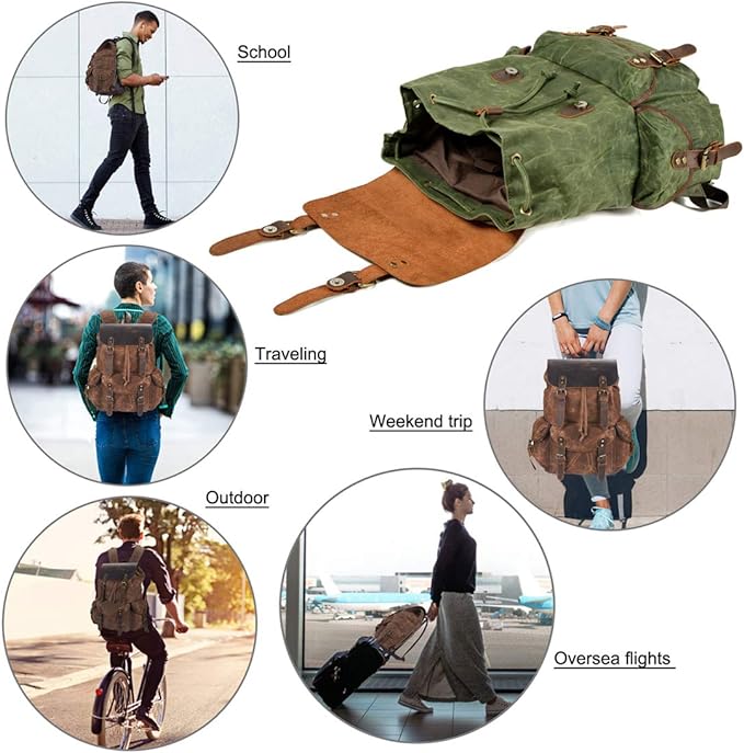 WUDON Leather Backpack for Men, Waxed Canvas Shoulder Rucksack Carry-On Travel Backpack