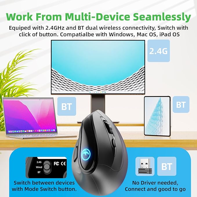 2.4G / BT/Wired Tri-Mode RGB Rechargeable G53 Wireless Vertical Ergonomic Mouse, 5 Side Buttons, Max 8400 DPI, for PC Computer Notebook Laptop, for Windows 11 10, Mac, iPad OS, Android - Black