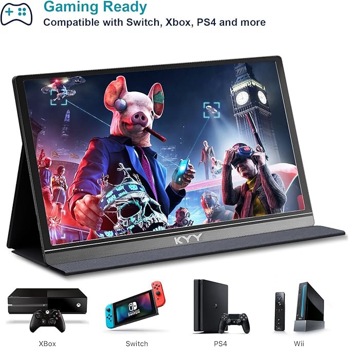 KYY Portable Monitor 15.6inch 1080P FHD USB-C, HDMI Computer Display HDR IPS Gaming Monitor w/Premium Smart Cover & Screen Protector, Speakers, for Laptop PC MAC Phone PS4 Xbox Switch