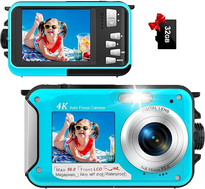 4K Underwater Camera 56MP Autofocus 16FT Waterproof Camera Dual-Screen Selfie 16X Underwater Camera for Snorkeling Waterproof Compact Floatable Digital Camera with 32GB Card