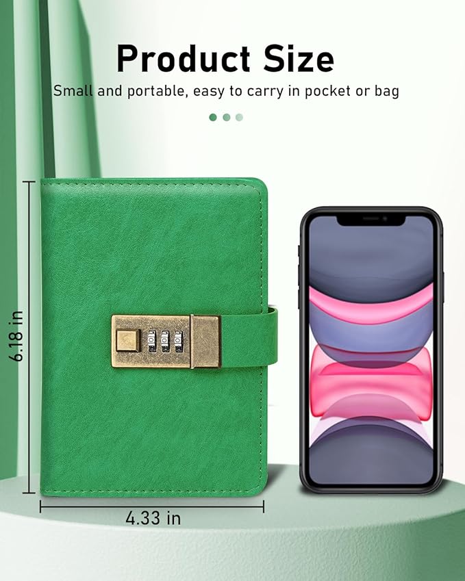 WEMATE Password Book with Lock, Password Book with Alphabetical Tabs 600+ Password Space, Organizer Logbook, Password Keeper for Computer & Website Logins 4.33X6.18 Inch Grass Green