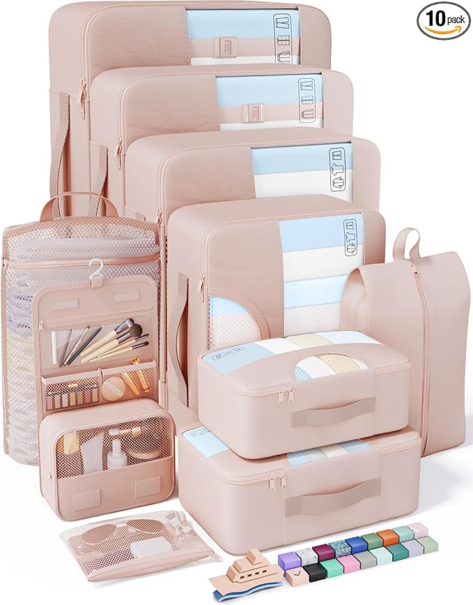 Veken 10 Set Packing Cubes for Travel, Beach Vacation Essentials Accessories for Cruise Ship, Suitcase Organizer Bags for Luggage with Hanging Toiletry & Shoe Bag, Birthday Gifts for Women Mom Her