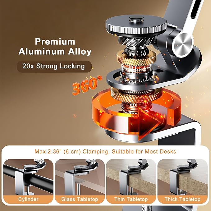 Magnetic Tablet Stand for Desk Aluminum Alloy Phone iPad Desk Holder Overhead Arm Mount with 360°Rotate Base for Magsafe/iPhone/Android/iPad (Magnetic Gray)