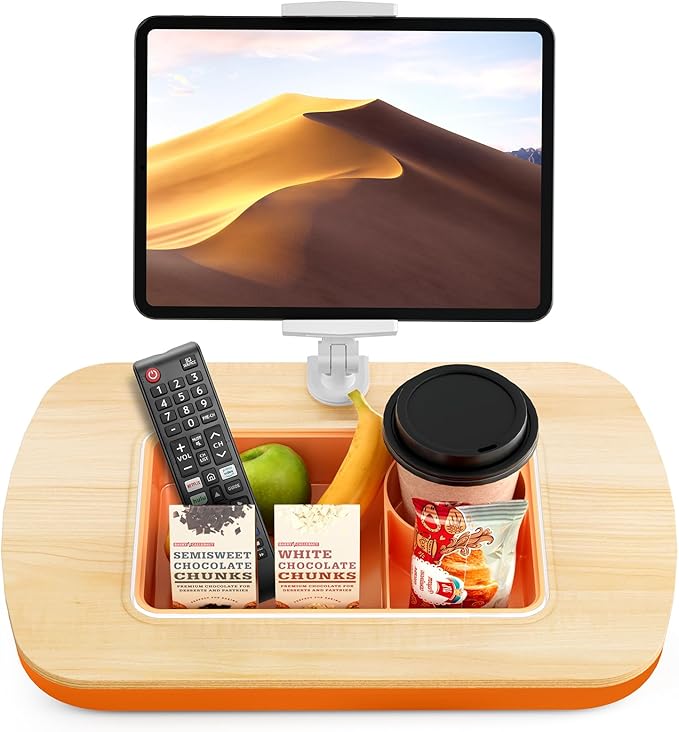 Lap Beanbag Tablet Pillow Stand with Snack Bowl and 360° Rotating Arm, Adjustable iPad Holder for Bed, Couch, and Recliner, Compatible with 4.7"-13" Kindle, iPad, Tablet, Phone,Orange