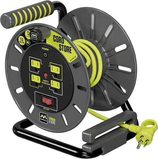 3ft Cord Reel, Retractable Extension Lead with Winding Handle, Safety Overload Circuit Breaker and Power Switch, 4x Grounded Outlets, 13amps, 14AWG Cable