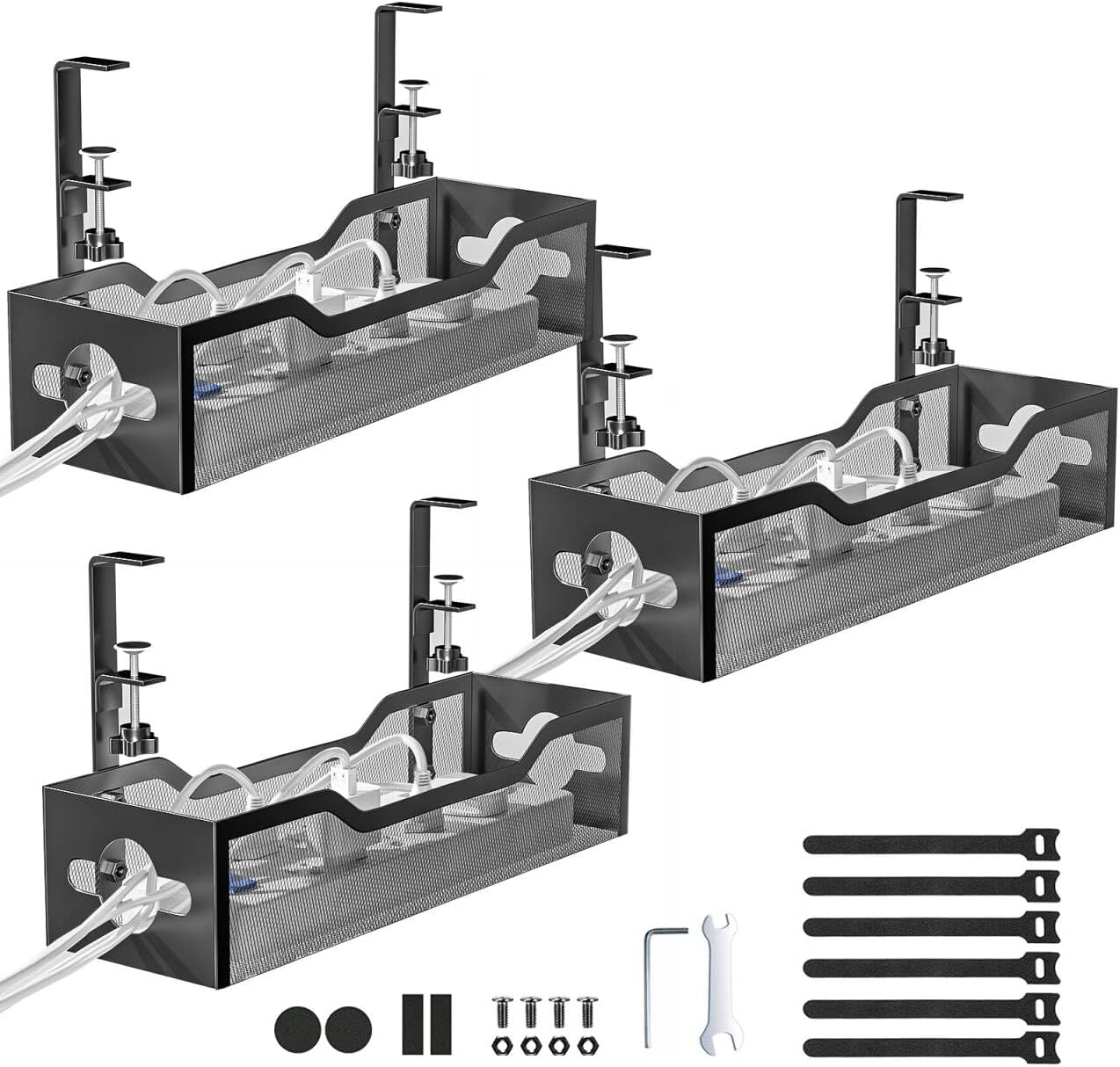 Under Desk Cable Management Tray 3 Pack, Cable Management Under Desk No Drill, Cable Organizer with Clamp for Wire Management, Cord Organizer for Office, Home - No Damage to Table (Black)