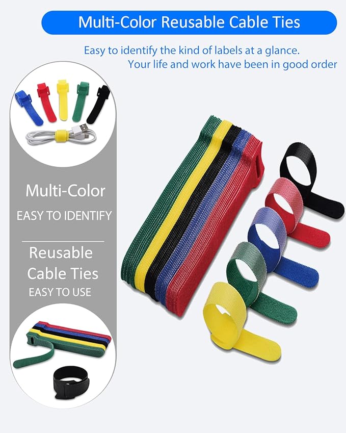 Cable Ties Reusable - 6 Inches Multi-Colour Adjustable Cord Straps Cord Ties for Cable Management Organizer, Multi-Purpose Reusable Hook and Loop for Home, Office and Garage (50)