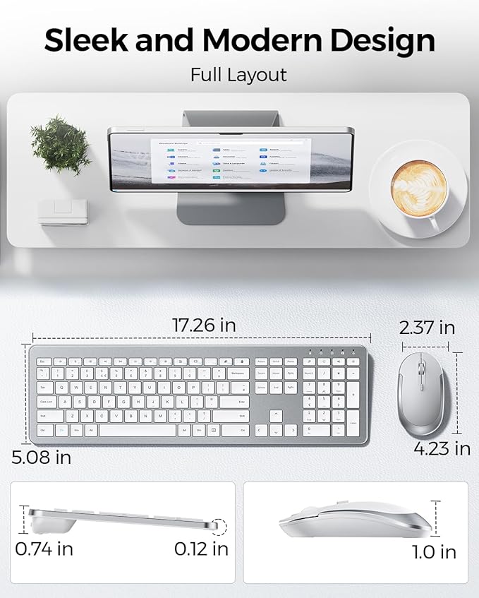 Wireless Keyboard and Mouse Combo - Full Size Slim Thin Wireless Keyboard Mouse with Numeric Keypad 2.4G Stable Connection Adjustable DPI (White & Silver)