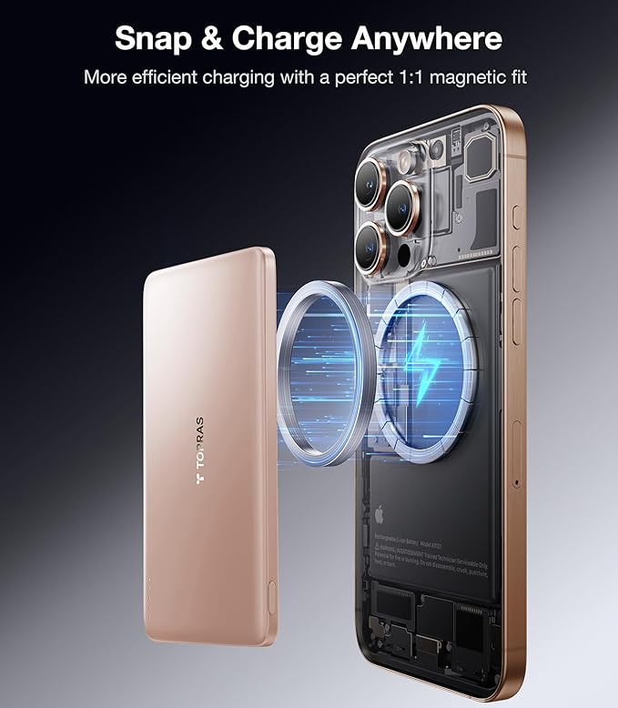 TORRAS MiniMag Power Bank, Ultra Slim 5,000mAh Wireless Portable Charger with USB-C Cable, Fast Charging iPhone Air MagSafe Battery Pack, Compatible Charger for iPhone 17/16/15/14/13/12, Desert Gold