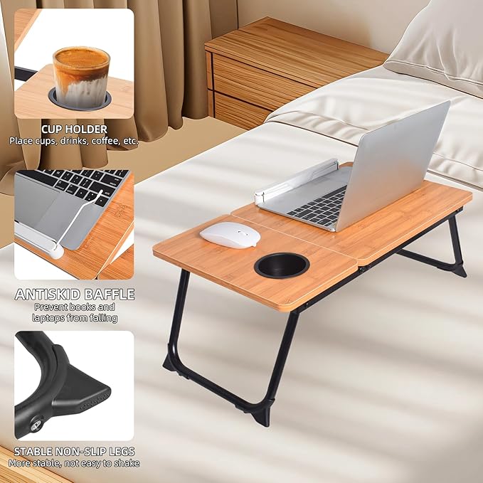 Adjustable Laptop Bed Table with Book Stand, Portable Reading Desk with Side Panel, Wood Grain