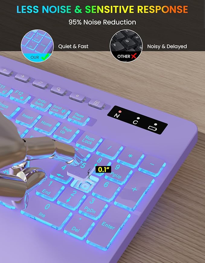 Wireless Keyboard with 7 Colored Backlits, Wrist Rest, Phone Holder, Rechargeable Ergonomic Computer Keyboard with Silent Keys, Full Size Lighted Keyboard for Windows, MacBook, PC, Laptop (Purple)