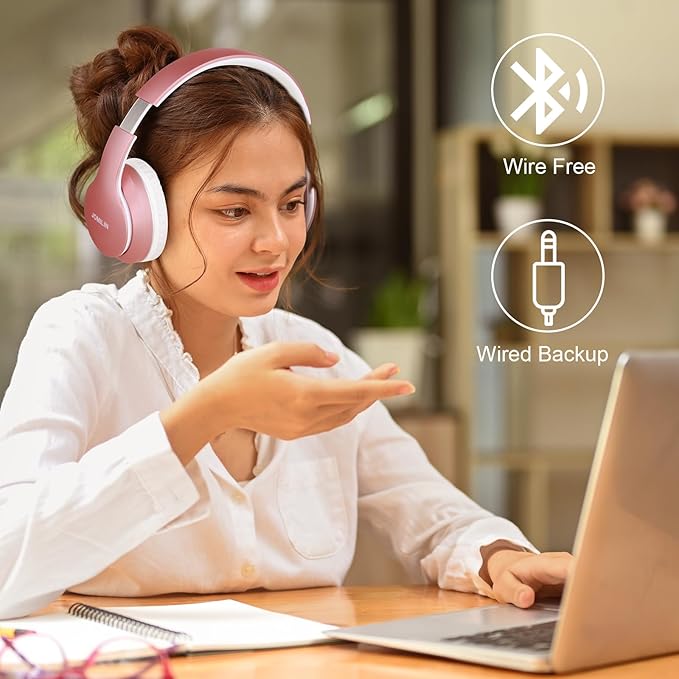 JOMILIN B9 Bluetooth Headphones Over-Ear, 3 EQ Music Modes and 50H Playtime Wireless Headphones with Mic, Hi-fi Stereo Lightweight Folding Headset, Volume Control for Travel Tablet PC (Rose Gold)