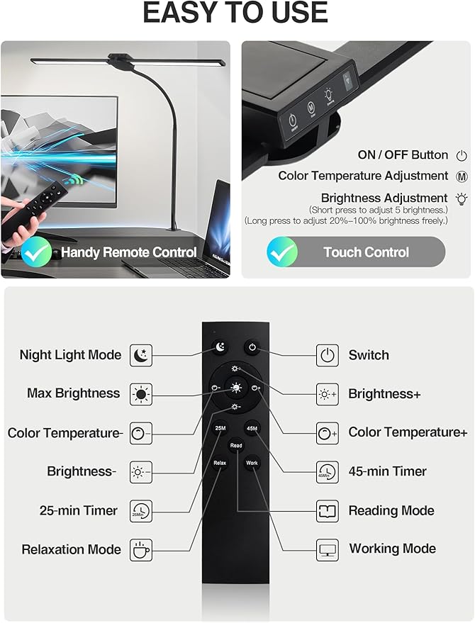 Desk Lamps for Home Office, Desk Light with 5 Color+9 Brightness, 1200 Lumen & 108 LED Desk Lamp, Remote Control+Timer Monitor Light, Clamp Lamp for Desk, Computer, Reading, Study, Workbench