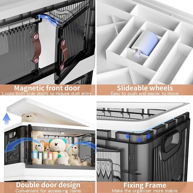 4 Tier Plastic Storage Bins with Lid 23QT, Stackable Storage Containers with Wheels, Folding Boxes, Collapsible Bins, Closet Organizers and for Living Room,Office,Dorm