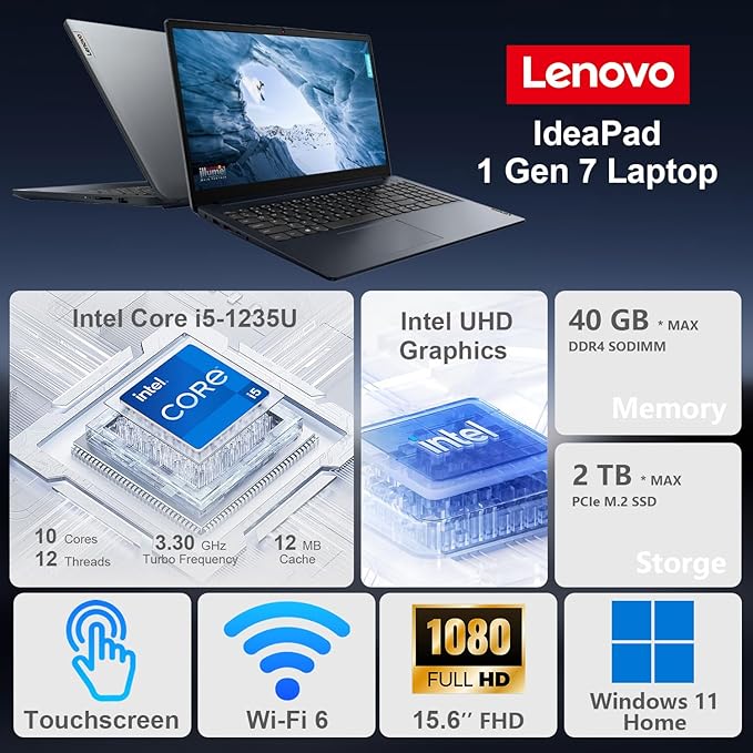 Lenovo IdeaPad 1i Laptop, 15.6" FHD Touchscreen, Intel Core i5-1235U Processor, 16GB RAM, 512GB SSD, Webcam, HDMI, Wi-Fi 6, Windows 11 Home, Blue