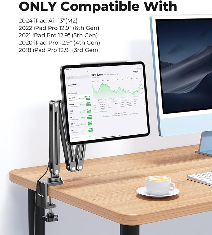 Magnetic Wireless Charging Stand for iPad Pro 12.9, iPad Air 13 M2, Foldable Adjustable Arm Mount with 2M Cable, Aluminum Alloy Tablet Holder for iPad Pro 12.9 3rd/4th/5th/6th