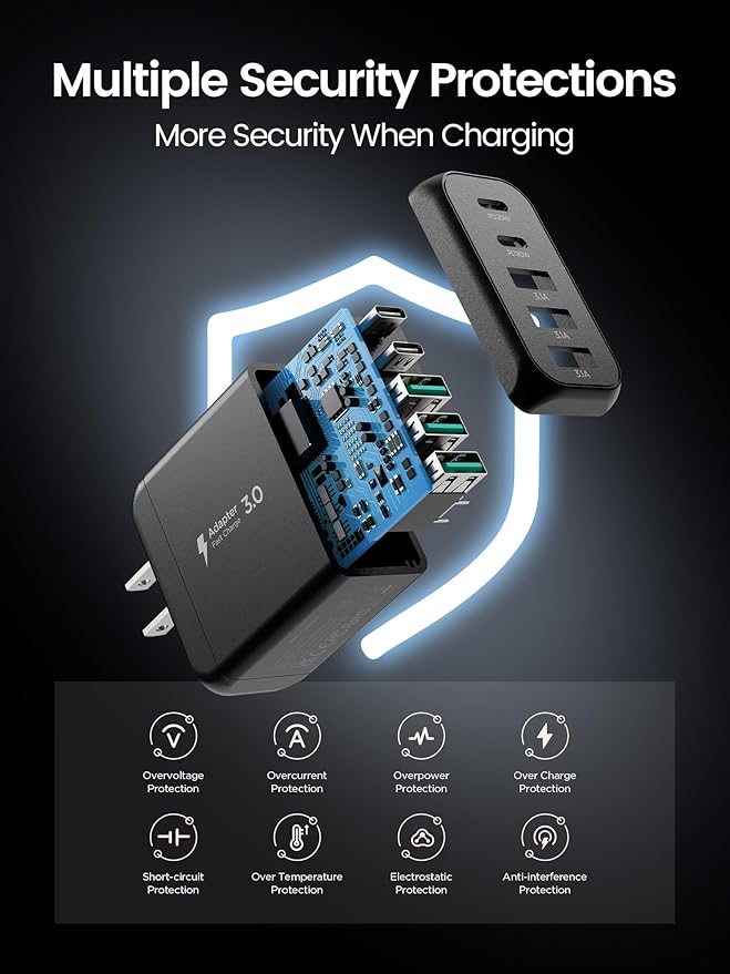 USB C Charger Block, Type C Charger Fast Charging,Total 50W 5-Port USB Wall Charger Multiport Type C Charging Block Cube for iPhone 17/16/15/14/13/12/11 Pro Max XS, iPad, Samsung & More-Black