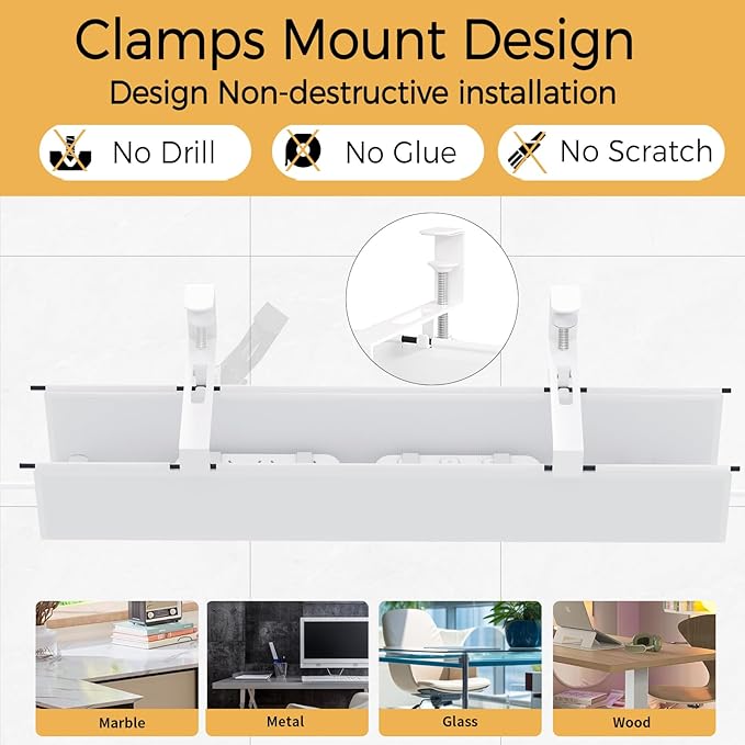 Under Desk Cable Management Tray 27.2" - No Drill Computer Wire Organizer Cable Tray, Fabric Cord Hider Clamp Mount, with 16X Cable Ties PC Cables Management Cord Holder for Office/Home (White)