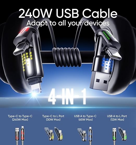MAGIC JOHN 240W 4 in 1 Charging Cable, 6.6FT USB C to Lightning Cable [MFi Certified], Multi Chargers for All Devices, Chubby USB A/C to C/Lightning with Light for iPhone/MacBook/iPad/Samsung/Switch 2