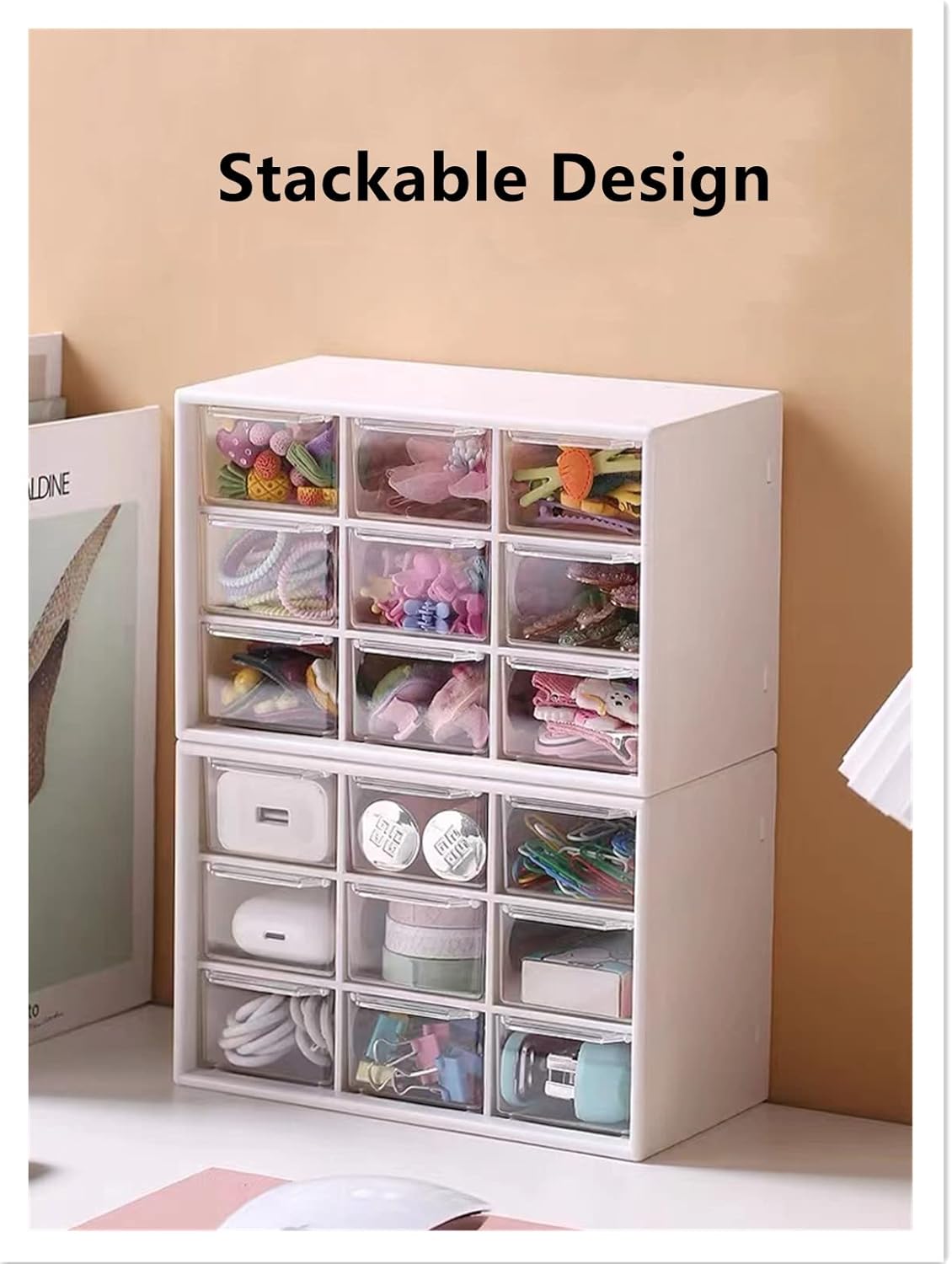 Feadily 2PCS Small Drawer Organizer for Desk, Desktop Drawer Organizer with 9 Clear Drawers, Plastic Desktop Storage Drawers 7.1 Inch x 3 .9 Inch x 4.7 Inch, White