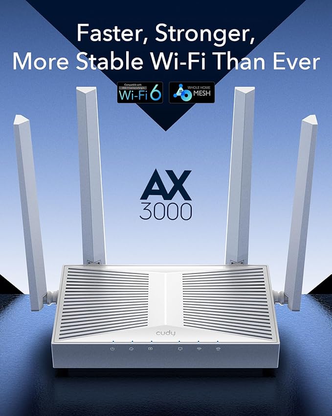 Cudy WR3000E AX3000 Gigabit Dual Band Wi-Fi 6 Mesh Router, MU-MIMO, OFDMA, WireGuard, OpenVPN, WPA3, Cudy Mesh and APP Supported (Renewed)