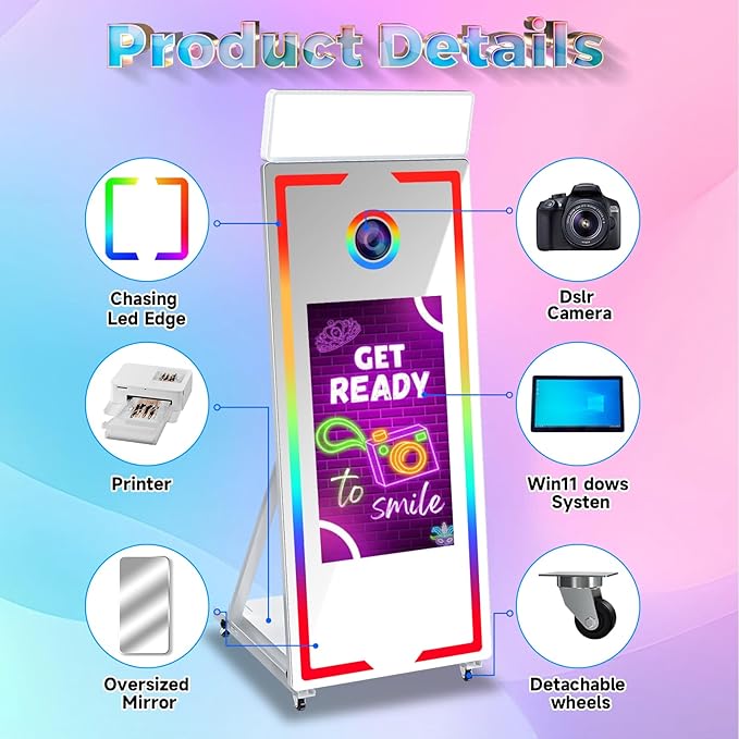 Mirror Photo Booth with Camera and Printer, 65" Magic Mirror Photo Booth, 32" Touch Screen Built-in Mini PC with Instant Print and Sharing, Music Sync Control RGB Light (White, 65-32" Full Set)