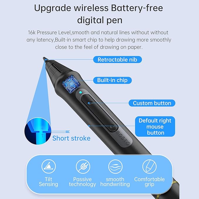BISOFICE BT-13HDK Portable Graphics Drawing Tablet 13.3 Inch H-IPS LED Display Anti-Glare Digital Drawing Pad 16K Pressure Level Battery-Free Stylus Passive Technology 8 Customizable Shortcuts Keys