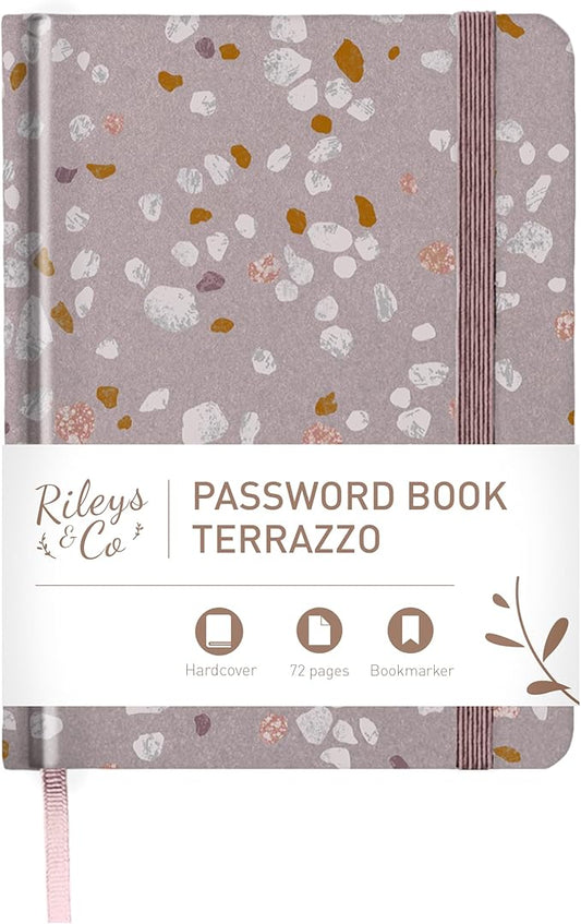 Rileys & Co. Compact Terrazzo Password Book | Alphabetized Tabs, Secure Login Organizer, Internet & Website Username Keeper | Portable and Convenient (Pink, 6 x 5 Inches)
