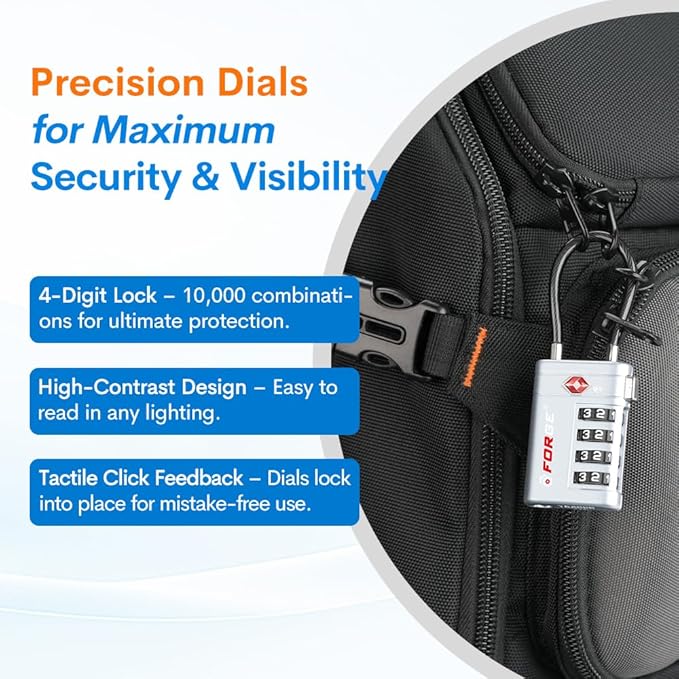 Forge TSA Approved Luggage Locks 4 Digit Combination TSA Travel Locks with TSA008, Open Alert Indicator, Zinc Alloy Body for Luggage, Suitcase, Backpack, and More. Silver 2 Locks.