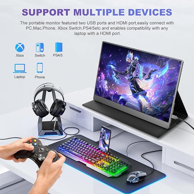 18.5 Inch Portable Monitor for Laptop, FHD 1080P 100% sRGB Travel Monitors for Laptop, Portable Computer IPS Display w/VESA, External Monitor USB-C HDR HDMI Portable Screen w/Smart Cover & Speakers