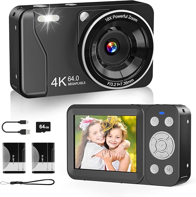 Digital Camera, 4K 64MP, 18X Zoom, Point and Shoot Digital Camera with 64GB TF Card & 2 Batteries, Portable Rechargeable Small Camera for Kids Teens Adult, Black