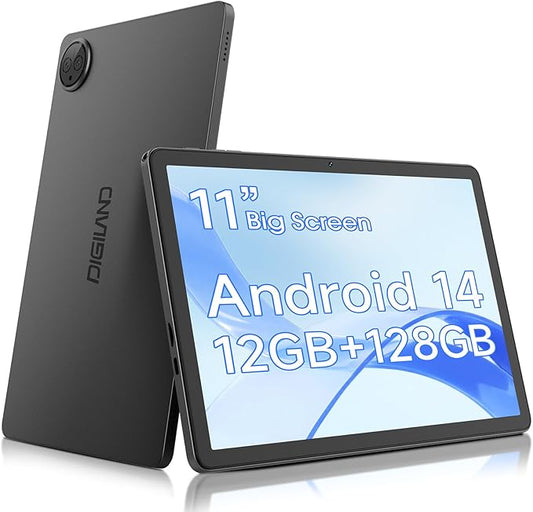 Digliand 11 Inch Android Tablet, 12GB RAM 128GB ROM, 8-Core, 7000mAh 8-Hour HD Tablet, Split Screen & Screen Mirroring, Dual Camera, Android 14 (Gray)