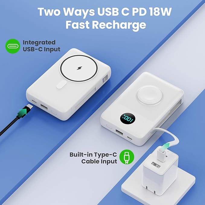 Magnetic Portable Charger for iPhone with Built-in Cables, 6-in-1 10800mAh Power Bank with iWatch Charger & LCD Display,25W Fast Charging Battery Pack for iPhone 16/15/14/13/12,Apple Watch (White)