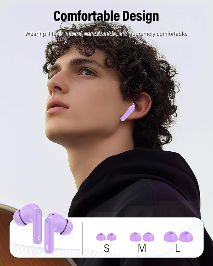 Wireless Earbuds, Bluetooth 5.4 Headphones Bass Stereo, Ear Buds with Noise Cancelling Mic, LED Display in Ear Earphones Clear Calls, IP7 Waterproof Bluetooth Earbuds for Laptop/Phones/Sports, Purple