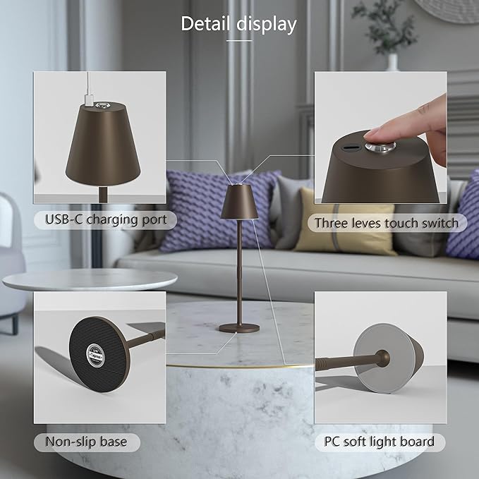 2 Pack LED CordlessTable Lamp,4000mAh Rechargeable Battery Desk lamp,3 Level Brightness Portable Night Light, Minimalist Design, for Couple Dinner/Coffee Table/Restaurant/Bedroom(2Pack Khaki)