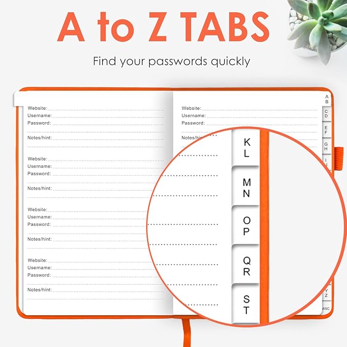 Elegant Password Book with Alphabetical Tabs - Hardcover Password Book for Internet Website Address Login - 7" x 10" Password Keeper and Organizer w/Notes Section & Back Pocket (Orange)