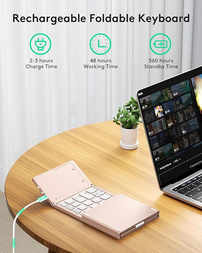 Samsers Foldable Bluetooth Keyboard with Touchpad - Portable Wireless Keyboard with Holder, Rechargeable Full Size Ultra Slim Pocket Folding Keyboards for Android Windows iOS Tablet & Laptop - Pink