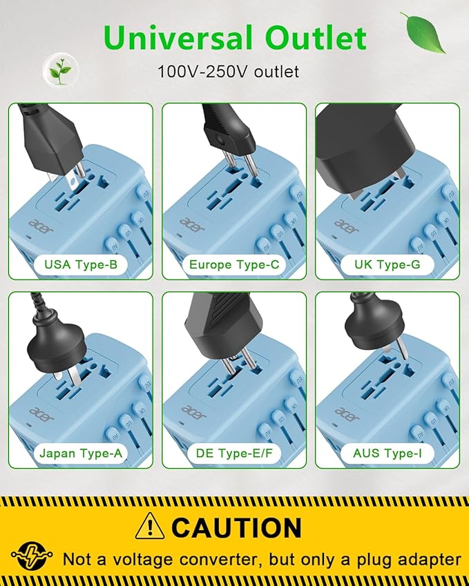 Acer Universal Travel Plug Adapter - International Power Adapter with 5 USB Ports (3 USB C) 5.8A, Worldwide Outlet Charger for USA to European UK France Germany Spain, Type C/E/F/G/I/L/A, Blue