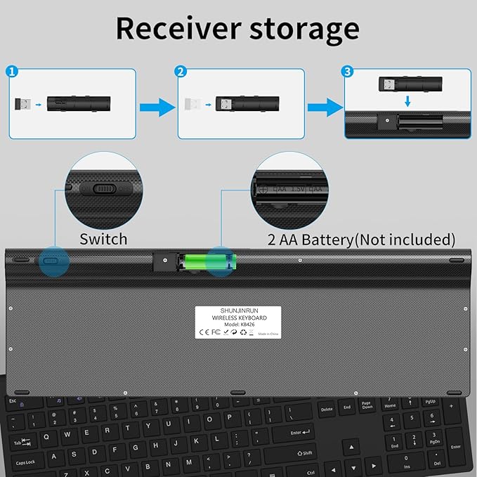 Wireless Keyboard, 2.4G USB Slim Silent Cordless Keyboard for Windows Chrome Laptop Computer PC Desktop Notebook Chromebook, 12 Multimedia Keys, Fn Lock, 110 Keys Full Size with Number Pad - Black ﻿