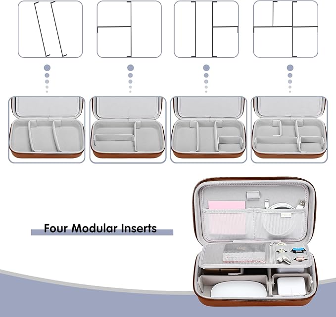 MOSISO Electronic Organizer Travel Case Compatible with MacBook Power Adapter, Compatible with Magic Mouse & Pencil, SD Card, USB Flash Disk with 4 Modular Insert & 2 Cable Tie & Snap Hook, Brown