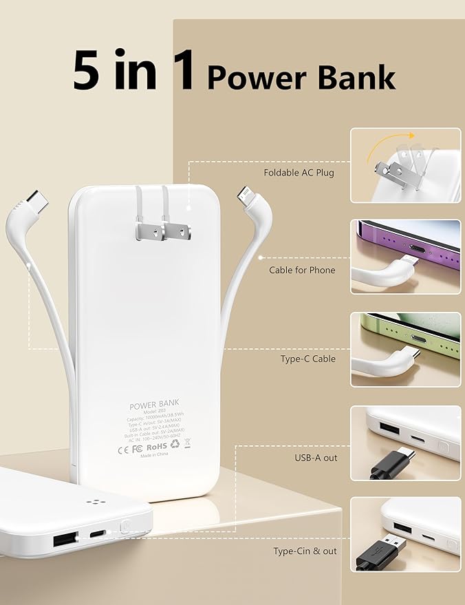 Alongza Portable Charger Built-in Cables and AC Wall Plug, Slim Fast Charging Power Bank 10000mAh, Lightweight USB C External Battery Pack Compact Travel Cell Phone Charger