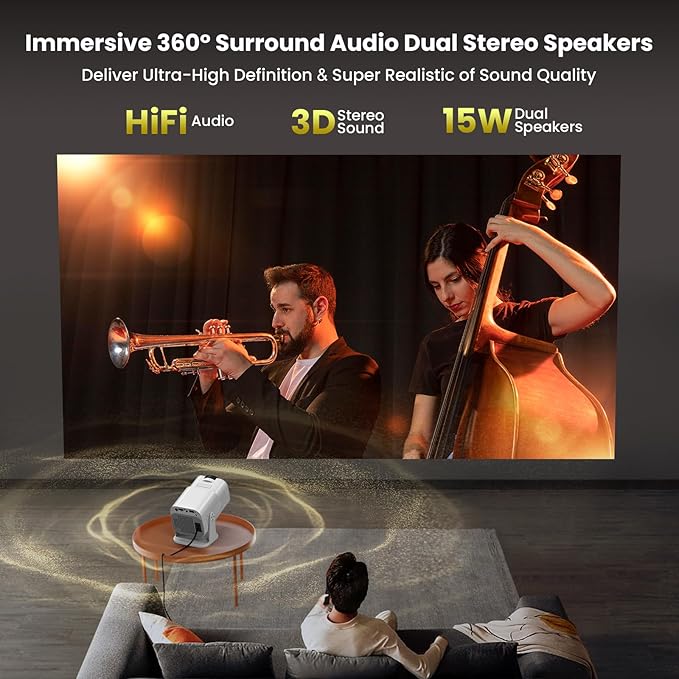 [NetfIix Official/Stereo Speakers] 4K Projector with Wifi and Bluetooth, 1080P Native Mini Projector Portable, One-Click Use Built-in NetfIix/YouTube/PrimeVideo/D+, Smart Home Outdoor Projector-White