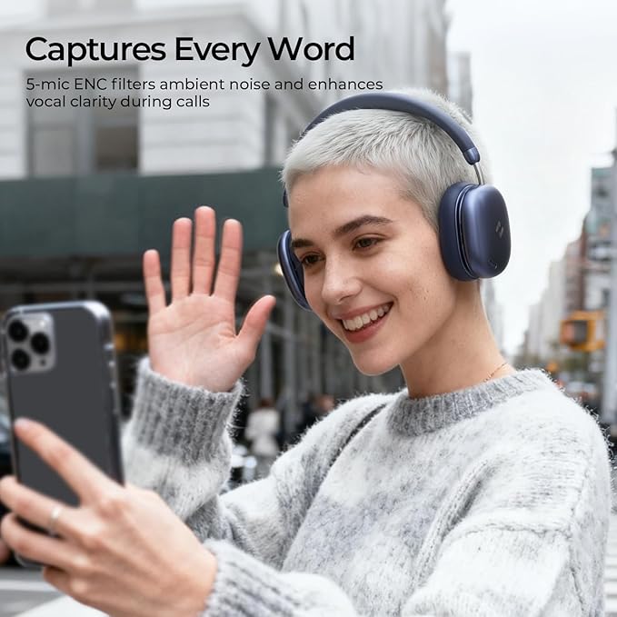 havit Hybrid Adaptive Active Noise Cancelling Headphones Wireless Space S1, Over Ear Headphones,Bluetooth 6.0, 100H Playtime, ENC, 3D Sound, Custom EQ via App, Travel, Office,Home,Blue